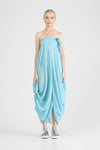 Strapless blue cotton dress with waterfall drapery