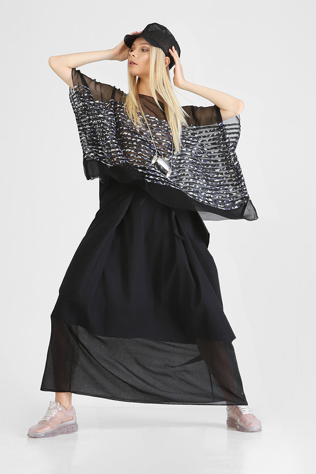 Falda - Chiffon Sheer Tunic with Cotton Block Print Horizontal Appliqué