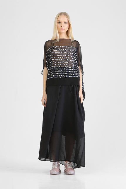 Falda - Chiffon Sheer Tunic with Cotton Block Print Horizontal Appliqué
