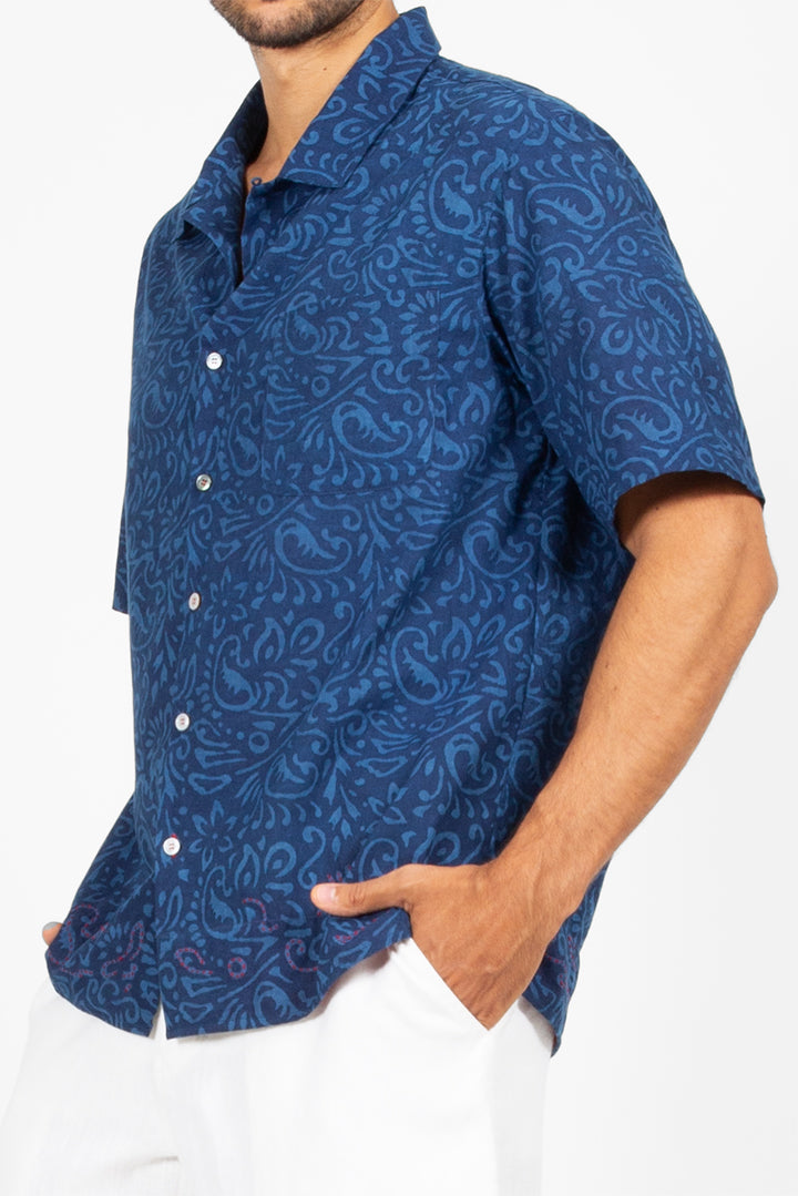 Jale -  Indigo camp shirt with red hand stitch detailing