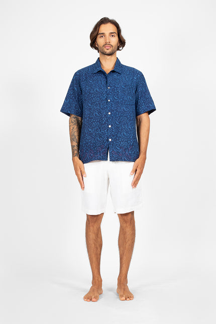 Jale -  Indigo camp shirt with red hand stitch detailing