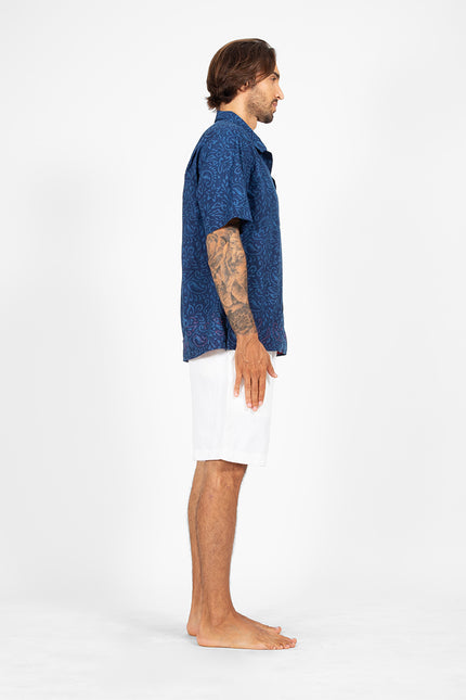 Jale -  Indigo camp shirt with red hand stitch detailing
