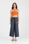 Alec - Linen denim wide leg trousers with stripes lateral raw appliques