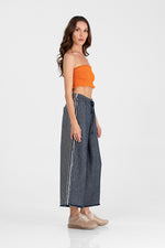 Alec - Linen denim wide leg trousers with stripes lateral raw appliques