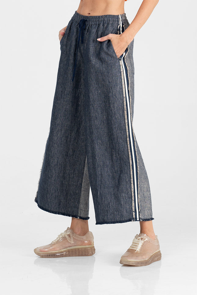 Alec - Linen Denim Wide Leg Trousers with Stripes Lateral Raw Appliques