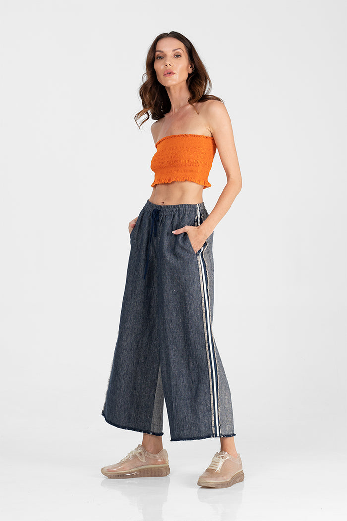 Alec - Linen denim wide leg trousers with stripes lateral raw appliques