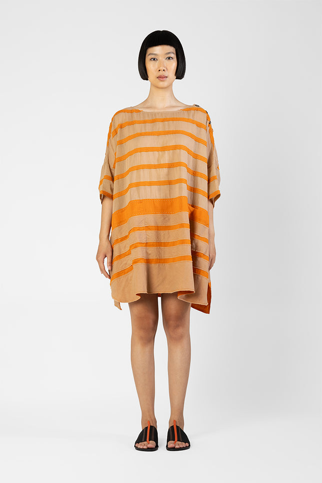 Feya - Dual Color Stripes Applique Short Dress