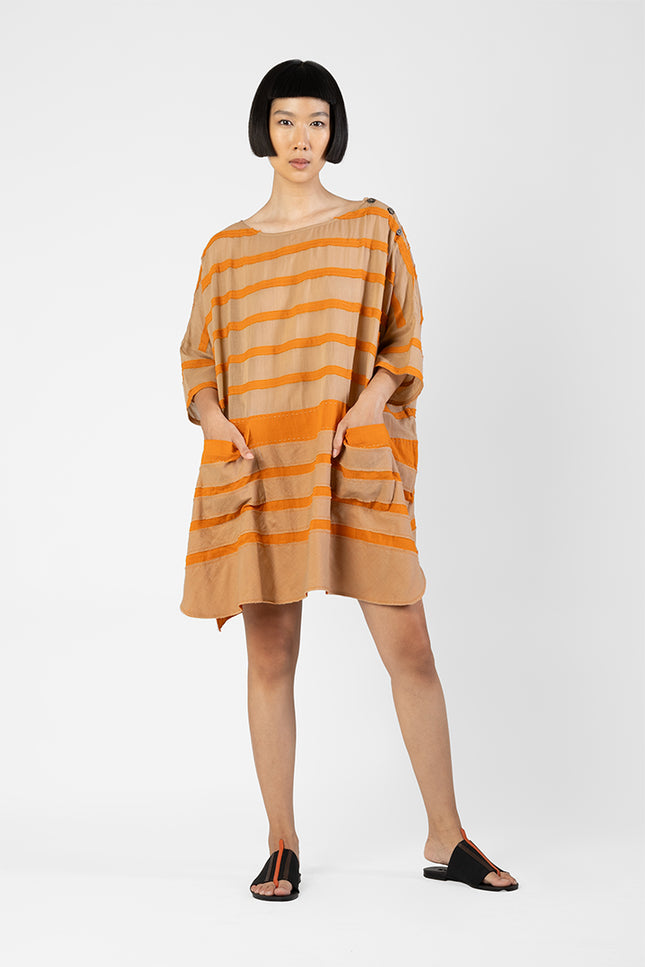 Feya - Dual Color Stripes Applique Short Dress