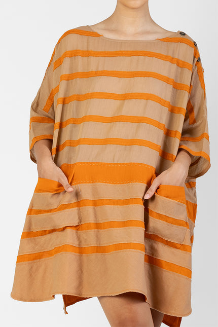 Feya - Dual Color Stripes Applique Short Dress