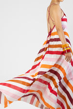 Lienna - Multicolor stripes dress with front neck fringes