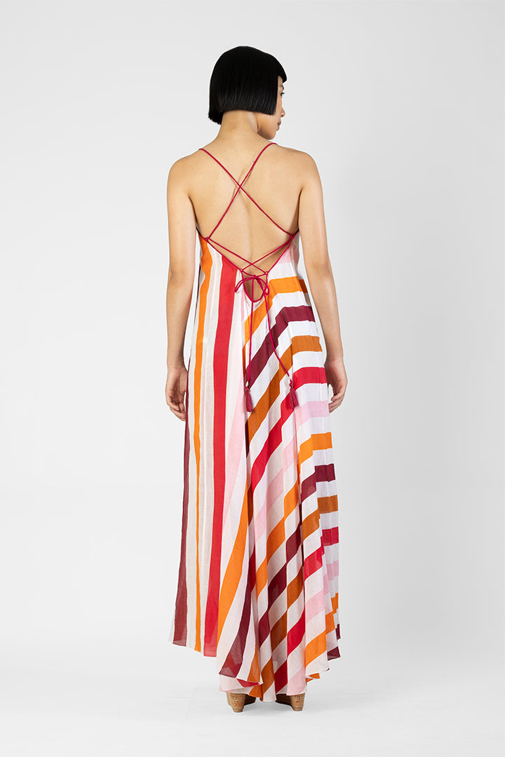 Lienna - Multicolor stripes dress with front neck fringes