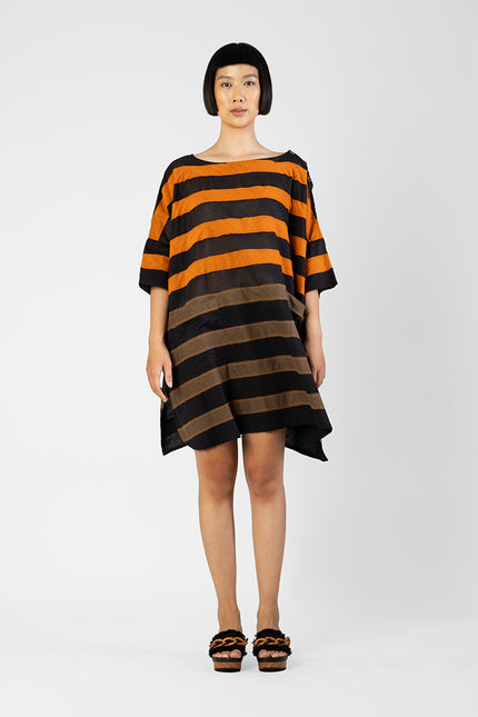 Asti - Dual Color Stripes Applique Short Dress