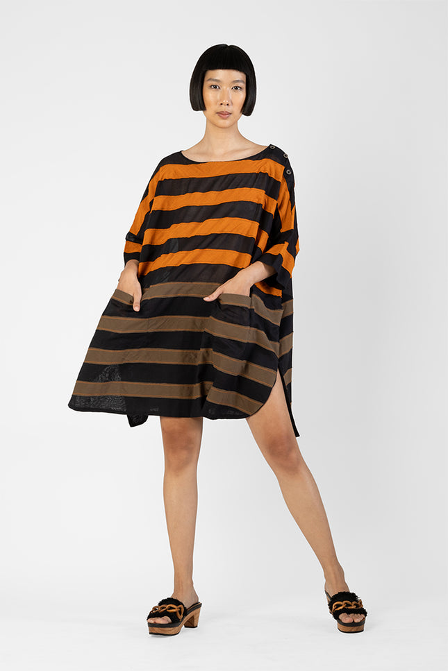 Asti - Dual Color Stripes Applique Short Dress