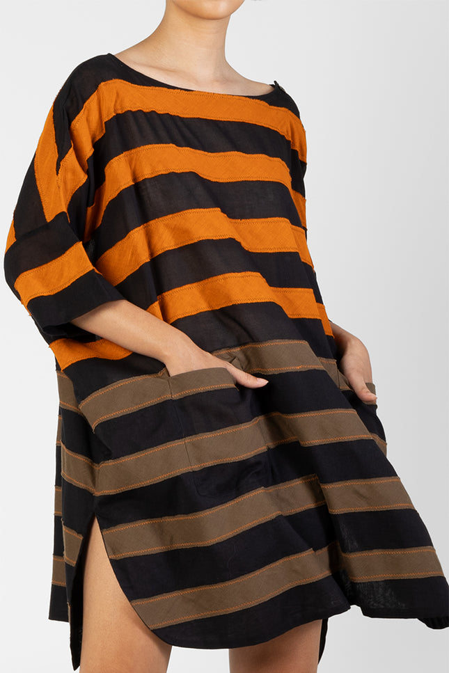 Asti - Dual Color Stripes Applique Short Dress