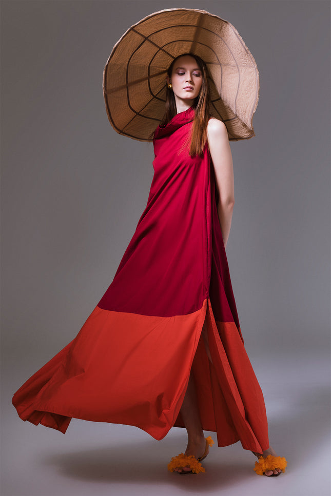 Myloka - Contrast Hem High Cowl Neck Long Dress