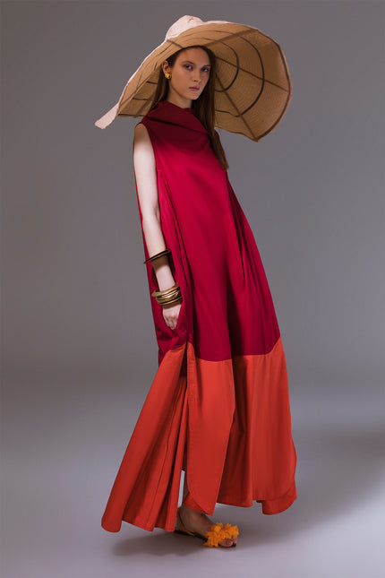 Myloka - Contrast Hem High Cowl Neck Long Dress