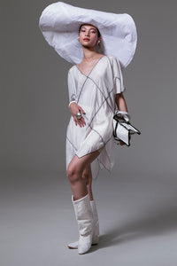 Mergie - Contrast Zigzag Stitches Handkerchief Short Kaftan