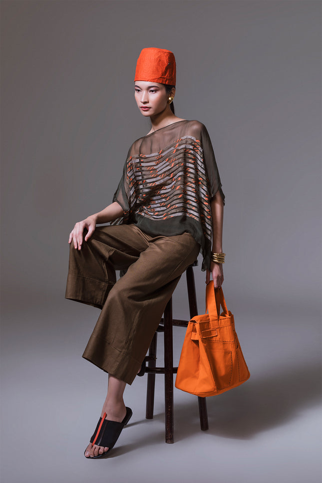 Falda - Chiffon Sheer Tunic with Cotton Block Print Horizontal Appliqué