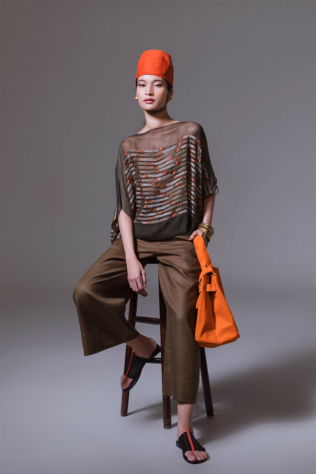 Falda - Chiffon Sheer Tunic with Cotton Block Print Horizontal Appliqué