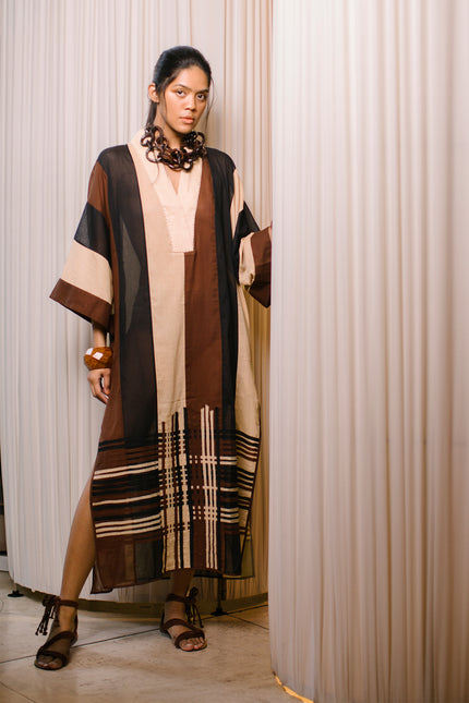 Latia - Deep Neck Multicolored Kaftan with Crossed Appliqué