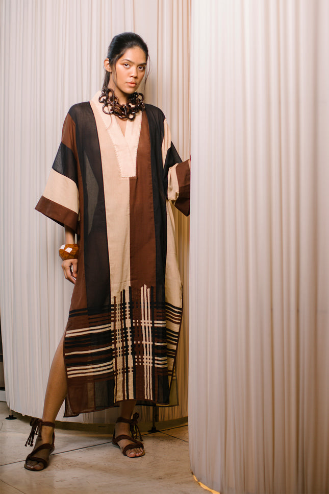 Latia - Deep Neck Multicolored Kaftan with Crossed Appliqué