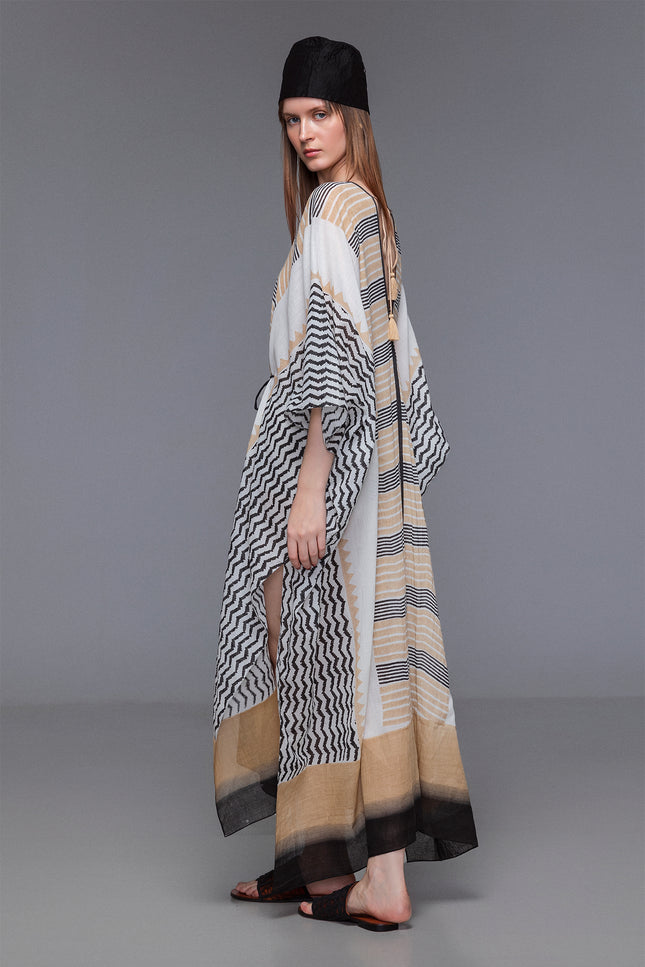 Micah - Block print kaftan with handcrafted buffalo bone embellishment
