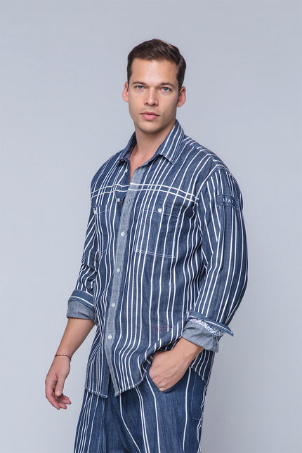 Malcom - Full Ribbon Appliqué Utility Denim Long Sleeve Shirt