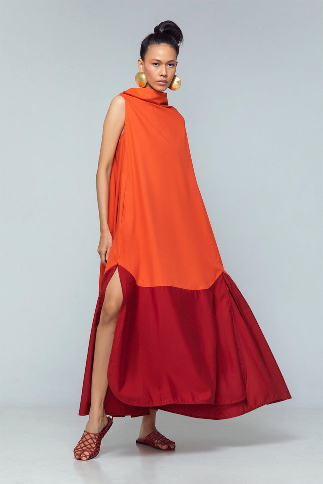 Myloka - Contrast Hem High Cowl Neck Long Dress