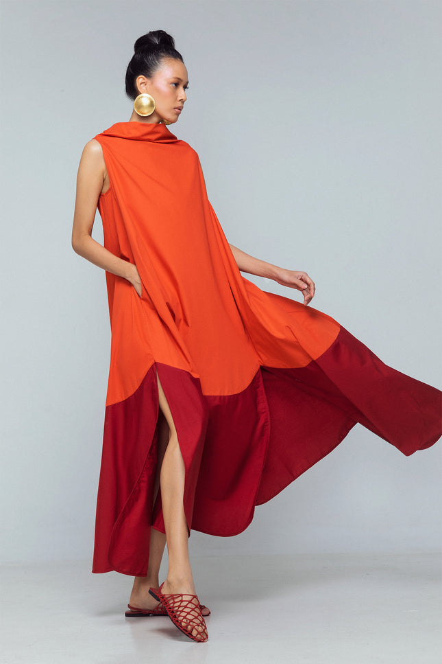 Myloka - Contrast Hem High Cowl Neck Long Dress