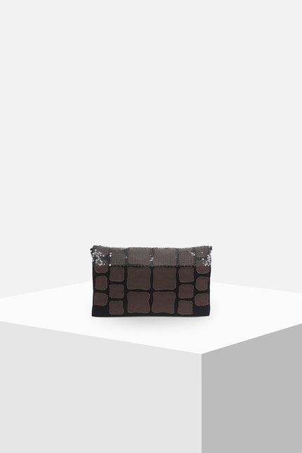 Liebe Clutch made from cotton with contrast croco appliqué and sequin embellishments, featuring a foldable design with detachable strap, zip closure, and inner patch pomet for versatile styling.