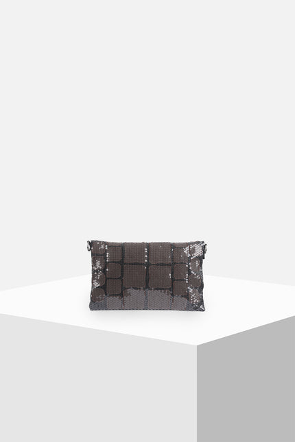 Liebe Clutch made from cotton with contrast croco appliqué and sequin embellishments, featuring a foldable design with detachable strap, zip closure, and inner patch pomet for versatile styling.