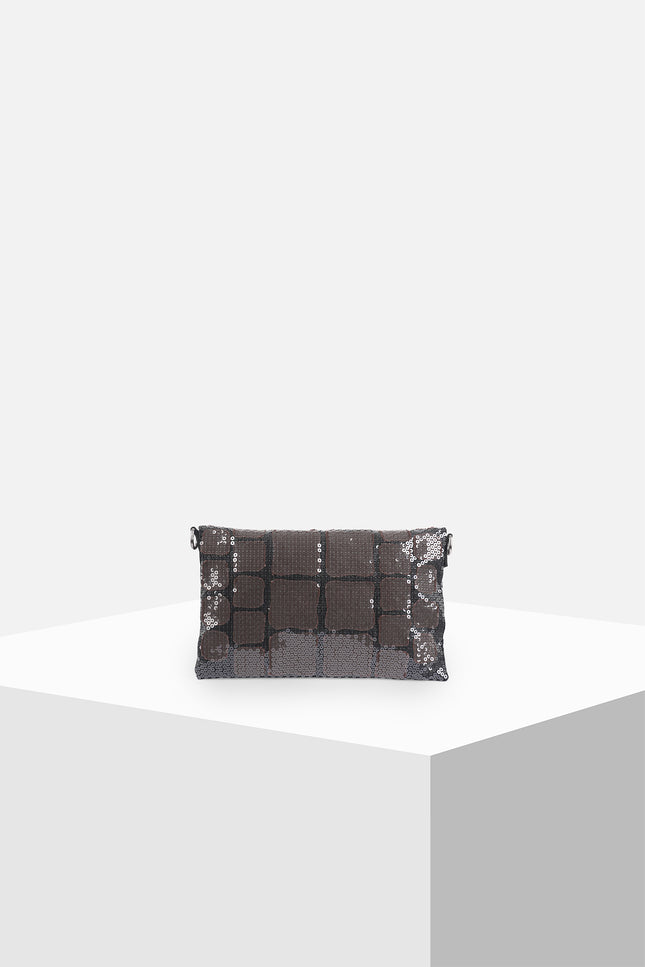 Liebe Clutch made from cotton with contrast croco appliqué and sequin embellishments, featuring a foldable design with detachable strap, zip closure, and inner patch pomet for versatile styling.