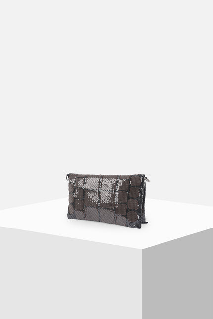 Liebe Clutch made from cotton with contrast croco appliqué and sequin embellishments, featuring a foldable design with detachable strap, zip closure, and inner patch pomet for versatile styling.