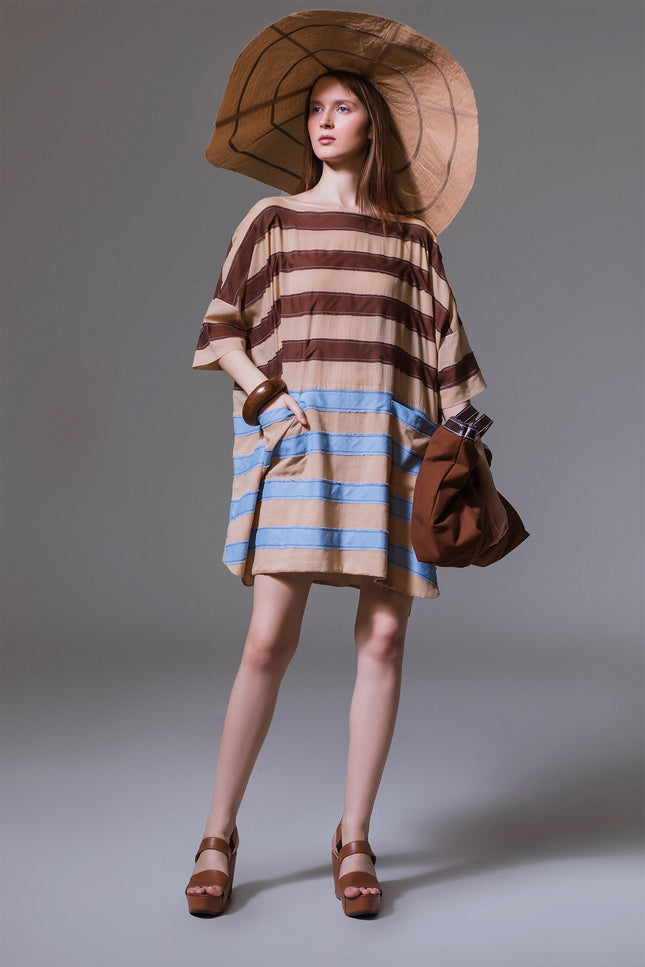 Asti - Dual Color Stripes Applique Short Dress