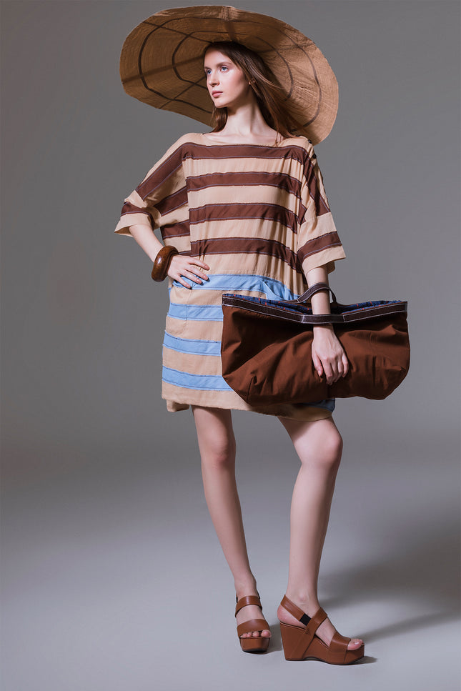 Asti - Dual Color Stripes Applique Short Dress