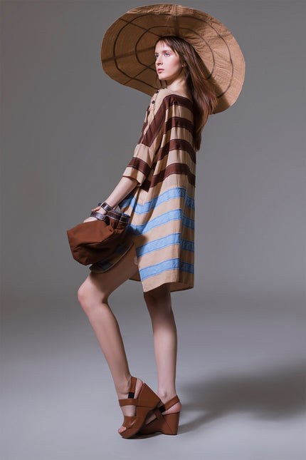Asti - Dual Color Stripes Applique Short Dress