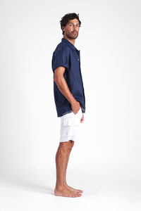 Eka - Short sleeves camp shirt with contrast color hemline hand stitching