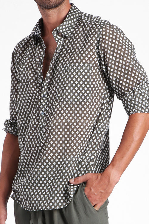 Fabius - Diamond block print long sleeves shirt with half placket