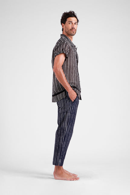 Feron - Double Stripes Batik Short Sleeves Shirt with Bottom Border Accent