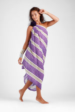 Fahima - Block printed stripes one shoulder knot dress