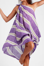 Fahima - Block printed stripes one shoulder knot dress