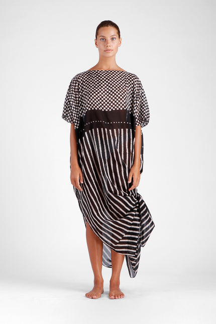 Long oversized kaftan with square and stripe batik design