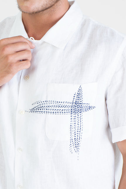 Hristo - Camp Shirt with Cross Hand Stitching Detail on Pocket