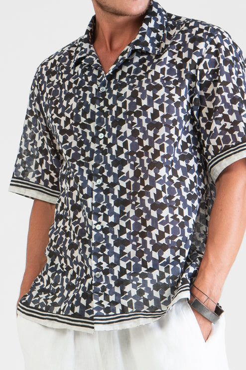 Hector - Block printed camp shirt with stripes border