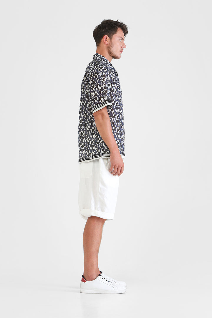 Hector - Block printed camp shirt with stripes border
