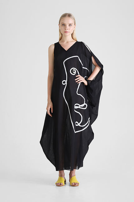 Kaftan with abstract face appliqué and asymmetrical sleeves