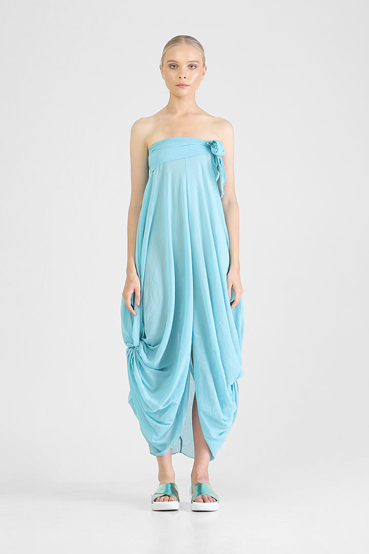 Strapless blue cotton dress with waterfall drapery