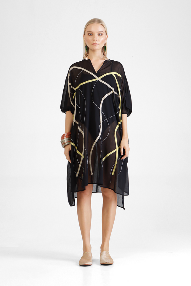 Huda - Oversized V-neck Tunic with Golden Appliqué Graphics