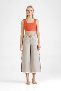 Alec - Linen denim wide leg trousers with stripes lateral raw appliques