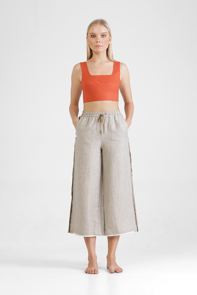 Alec - Linen Denim Wide Leg Trousers with Stripes Lateral Raw Appliques